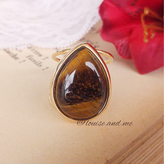 Olho de Tigre Anel Pedra Gota Banho Ouro 18k (Ajustável)