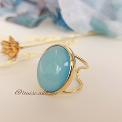 Ágata Azul Céu Anel Pedra Chapa Oval Banho Ouro 18k (Ajustável)