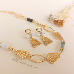 Ágata Preta, Howlita Branca e Quartzo Verde Conjunto Singular Banho Ouro 18k - loja online