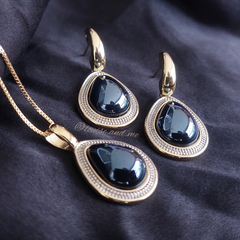 Ágata Preta Perolada Conjunto Colar e Brincos Banho Ouro 18k e Ródio - Semijoias Louise and Me