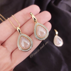 Imagem do Quartzo Rosa Perolado Conjunto Colar e Brincos Banho Ouro 18k e Ródio