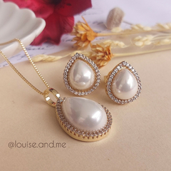 Conjunto Gota Pérola Shell Cravejada Banho Ouro 18k - loja online