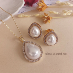 Conjunto Gota Pérola Shell Cravejada Banho Ouro 18k