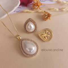Imagem do Conjunto Gota Pérola Shell Cravejada Banho Ouro 18k