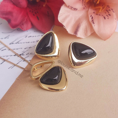 Ágata Preta Conjunto Triangular Banho Ouro 18k