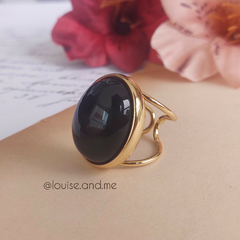 Ágata Preta Anel Pedra Oval Banho Ouro 18k (Ajustável)