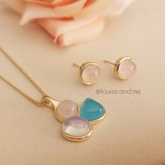 Quartzo Rosa, Ágata Azul Céu e Opalina Conjunto Geométrico Banho Ouro 18k