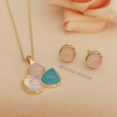 Quartzo Rosa, Ágata Azul Céu e Opalina Conjunto Geométrico Banho Ouro 18k - loja online