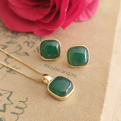 Ágata Verde Conjunto Quadrado Banho Ouro 18k