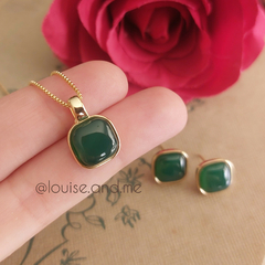 Ágata Verde Conjunto Quadrado Banho Ouro 18k - Semijoias Louise and Me