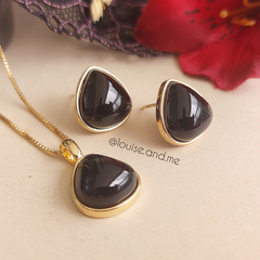 Ágata Preta Conjunto Gota Média Banho Ouro 18k