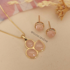 Quartzo Rosa Conjunto Geométrico Banho Ouro 18k