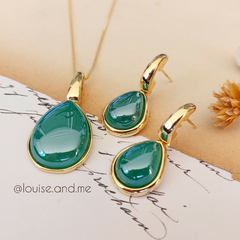 Ágata Verde Perolada Conjunto Colar e Brincos Banho Ouro 18k - comprar online