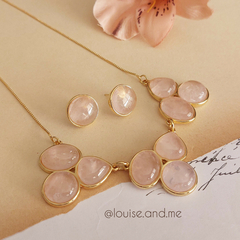 Quartzo Rosa Conjunto Luxo Banho Ouro 18k - Semijoias Louise and Me