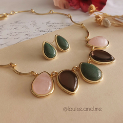 Quartzo Verde, Quartzo Rosa e Obsidiana Fumê Conjunto Gotas Luxo Banho Ouro 18k