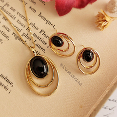 Imagem do Ágata Preta Conjunto Oval Vazado Banho Ouro 18k