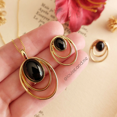 Ágata Preta Conjunto Oval Vazado Banho Ouro 18k na internet