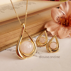 Quartzo Rosa Conjunto Gota Pedra Redonda Banho Ouro 18k - comprar online