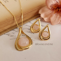 Imagem do Quartzo Rosa Conjunto Gota Pedra Redonda Banho Ouro 18k