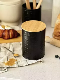 Lata Azúcar Deco Y Guardado Diseño Negro Y Tapa Bambu 11x15 Carol en internet