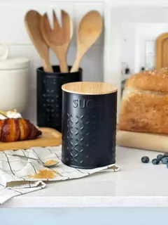 Lata Azúcar Deco Y Guardado Diseño Negro Y Tapa Bambu 11x15 Carol - tienda online