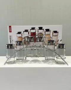 Set ×6 especieros vidrio soporte acero