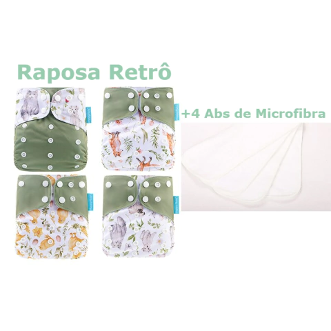 Kit com 4 fraldas ecológicas Happy Flute estampa raposa retrô e 4 absorventes de microfibra.