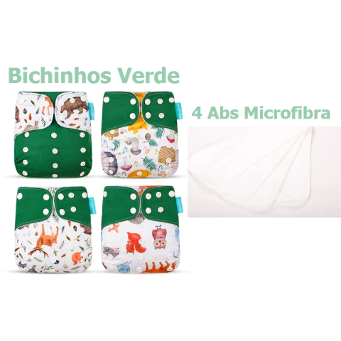 Kit com 4 fraldas ecológicas reutilizáveis com estampa de bichinhos em verde e 4 absorventes de microfibra.