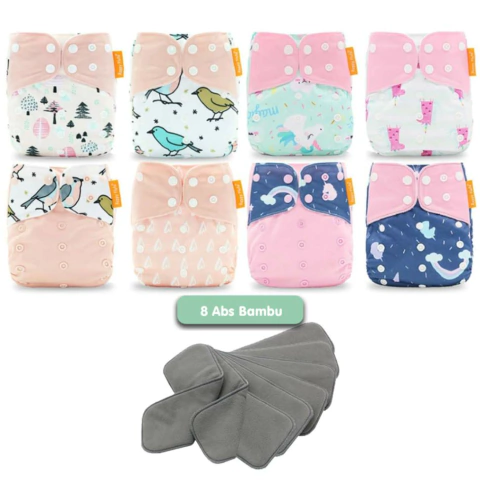 Várias Estampas - Kit 8 Fraldas Ecológica + 8 Absorventes de Carvão de Bambu - Happy Flute - comprar online