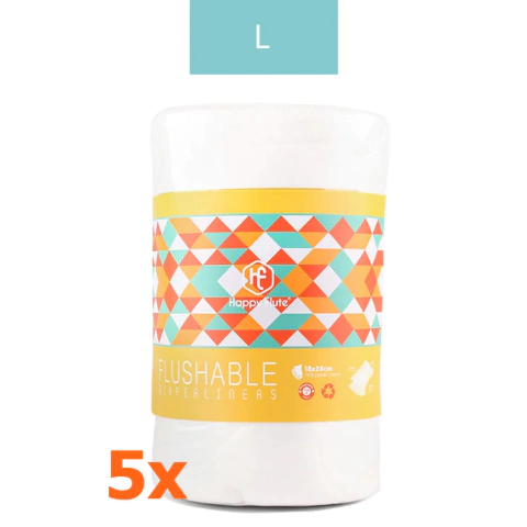 Kit com 5 Forros Liner Biodegradáveis Happy Flute, tamanho grande, contem 100 unidades.