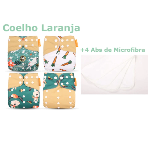 Kit com 4 fraldas ecológicas reutilizáveis Happy Flute com estampa de coelho laranja e 4 absorventes de microfibra.
