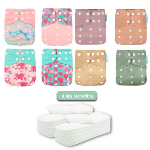 Várias Estampas - Kit 8 Fraldas Ecológicas Happy Flute + 8 Abs de Microfibra - comprar online