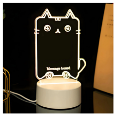 Luminária Formato Gato 3d Acrilíca Anotações + Caneta Cúpula Transparente Estrutura Branco 5v - loja online