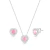 Conjunto de prata com colar e brincos em formato de coração cravejado, com pedra central rosa de 8mm, ideal para presente.