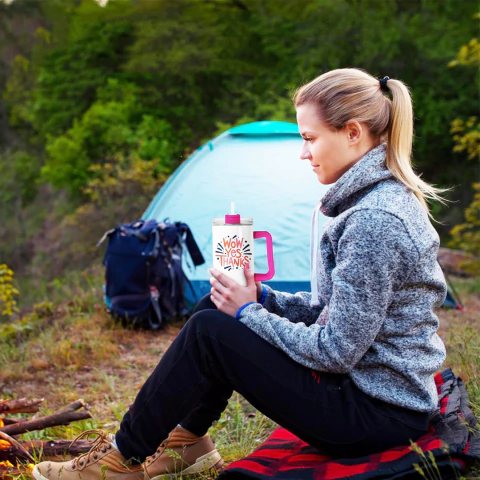 VASO TERMICO ACERO INOXIDABLE SUBLIMABLE (TUMBLER) 40OZ (1.20L) BLANCO MANIJA PINK - comprar online