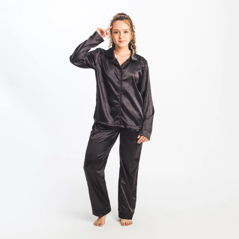 Pijama longo toque de seda Preto - comprar online