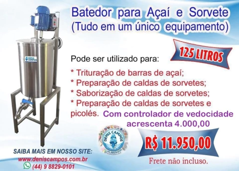 Batedor p/ Calda de Sorvetes e Açai 125 Litros.