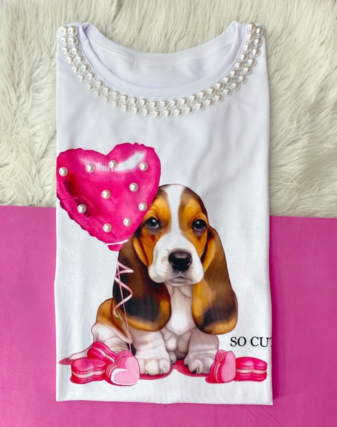 T SHIRT - LUXE WHITE - DOG BALÃO CORAÇÃO - COM PEDRARIAS