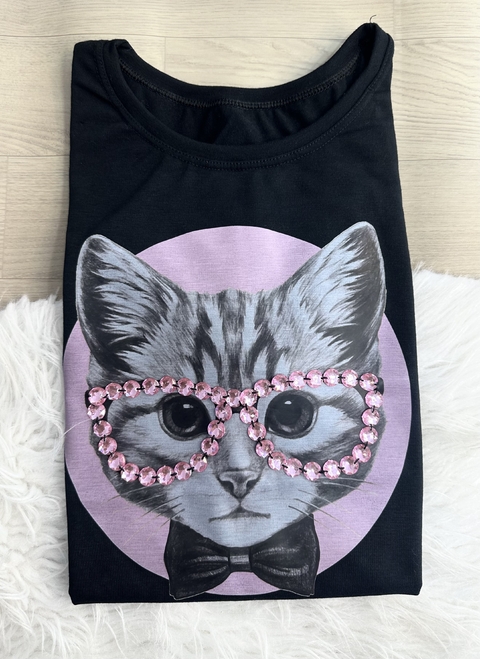 T SHIRT - LUXE BLACK - GATO ÓCULOS - COM PEDRARIAS BORDADAS