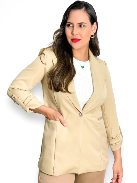 BLAZER ALONGADO ALFAIATARIA COM BOTÕES NA MANGA - BEGE