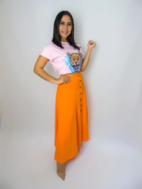 SAIA MIDI DE LINHO COM BOTÕES - LARANJA