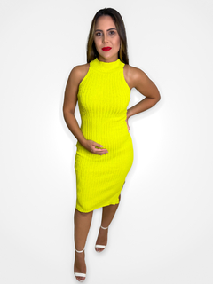 VESTIDO MIDI DE LINHA CAVADO E GOLA ALTA - VERDE LIMA - comprar online