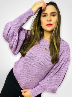 BLUSA DE FRIO DE LINHA COM MANGA BUFANTE E PUNHO - LAVANDA