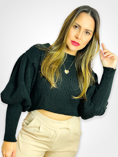BLUSA DE FRIO DE LINHA COM MANGA BUFANTE E PUNHO - PRETO - Lola Collection