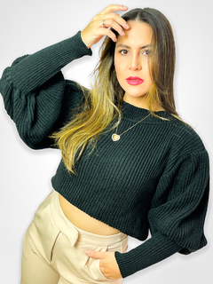 BLUSA DE FRIO DE LINHA COM MANGA BUFANTE E PUNHO - PRETO