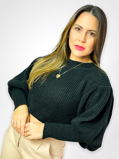 BLUSA DE FRIO DE LINHA COM MANGA BUFANTE E PUNHO - PRETO - comprar online