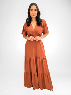 VESTIDO LONGO MANGA CURTA E DECOTE EM V - loja online