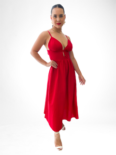 VESTIDO MIDI DE TRICOLINE COM ALÇA E DECOTE EM V