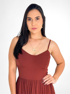 VESTIDO MIDI DE VISCOSE COM ALÇA E LASTEX ATRAS - MARROM - loja online