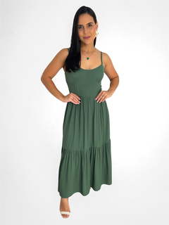 VESTIDO MIDI DE VISCOSE COM ALÇA E LASTEX ATRAS - VERDE MILITAR - Lola Collection